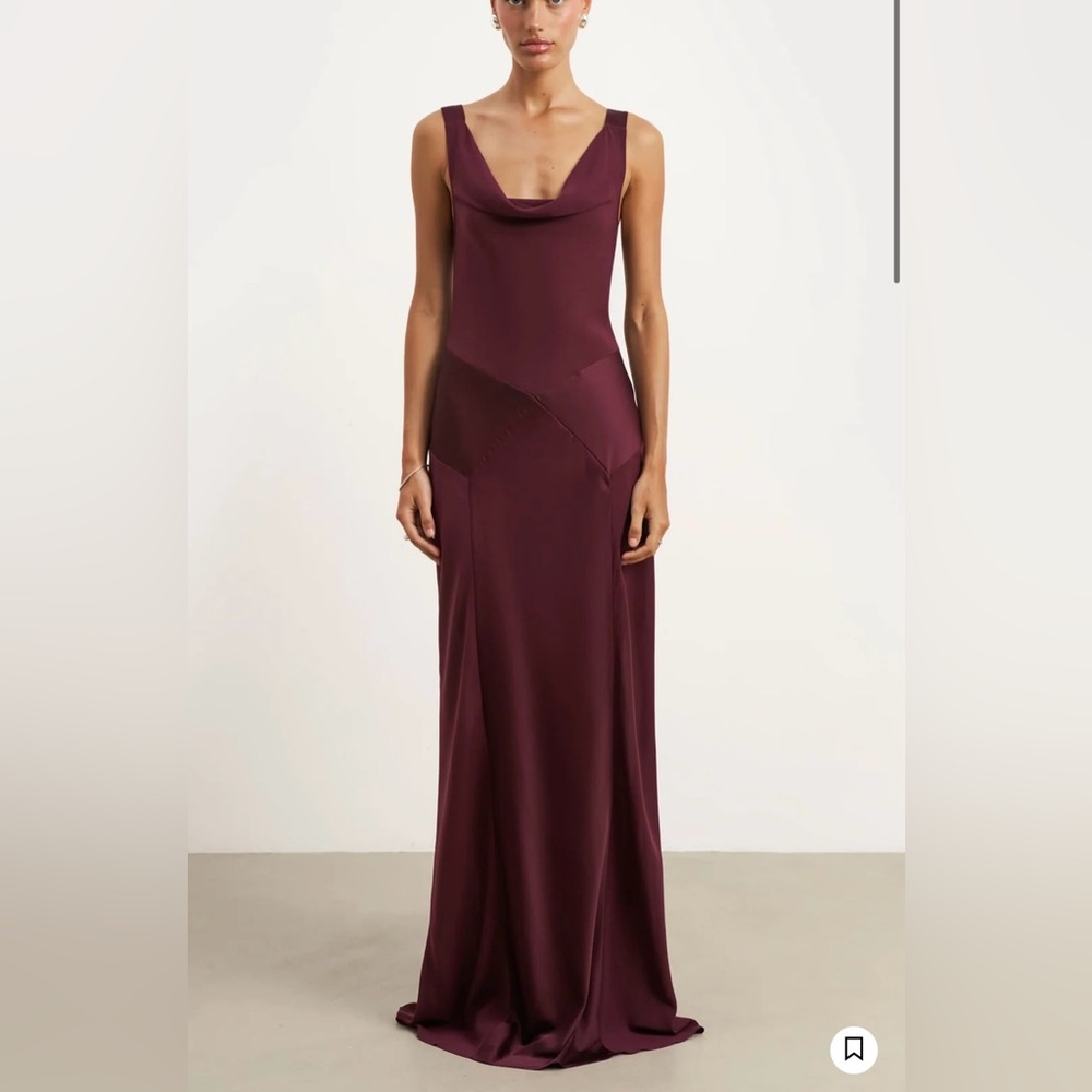 Because of Alice Cowl Neck Satin Panel Gown Mulberry NWT XS